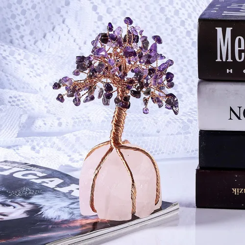Vista 2 de Árbol de cobre de cristal envuelto con base de cuarzo rosa crudo, árbol bonsái para decoración de sala de estar, oficina en casa, amatista