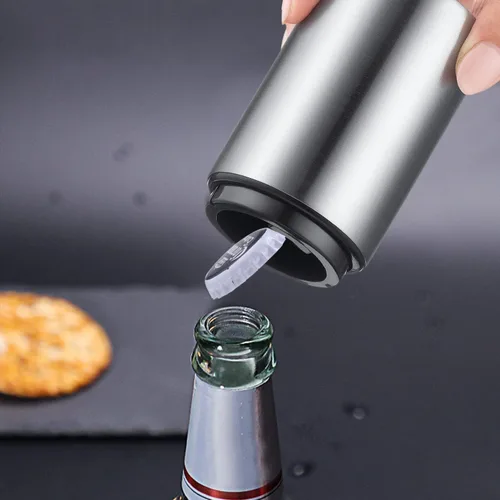 Vista 6 de Abrebotellas de cerveza de alta calidad (plateado), 1 pieza de acero inoxidable automático de empuje hacia abajo, sin daños, rápido de abrir 1