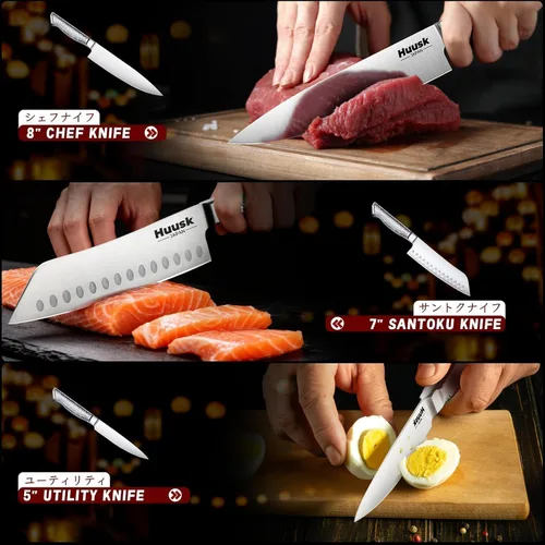Vista 6 de Huusk Juego de 3 cuchillos de chef, juego de cuchillos japoneses de acero inoxidable aptos para lavavajillas, juegos de cuchillos de cocina ultra