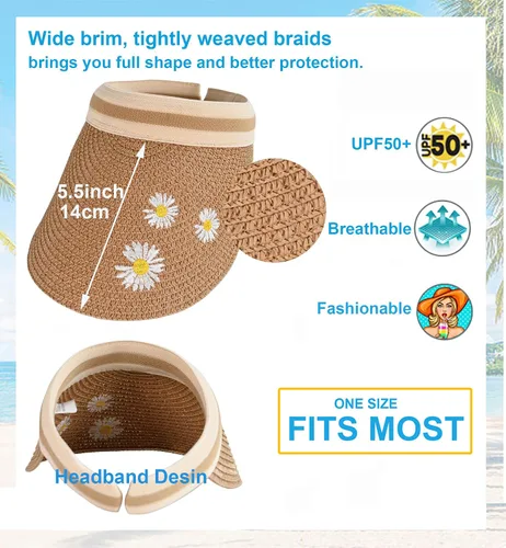 Vista 5 de Sombrero de paja con protección UV, visera de playa, sombrero de ala ancha, estampado de leopardo, enrollable, plegable para mujer
