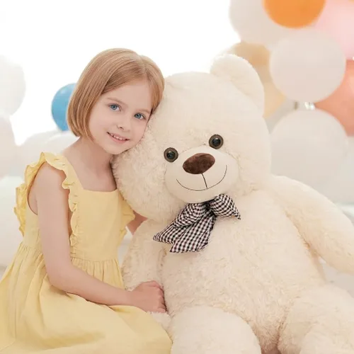 Vista 7 de Oso de peluche marrón gigante, animal de peluche grande de 47 pulgadas, material de felpa suave, estilo clásico con lazo a cuadros, para acurrucarse