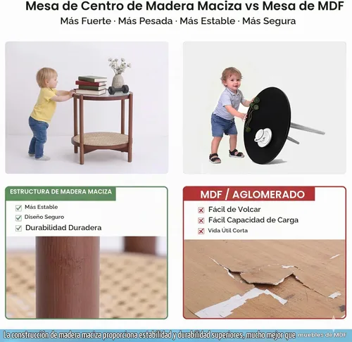 Vista 5 de Tiita Mesa auxiliar de ratán, mesa auxiliar redonda moderna de bambú, tapa Nogal (19.7 x 19.7 x 22.4 pulgadas)