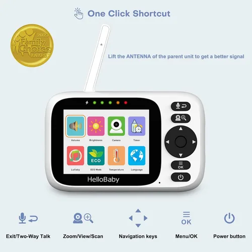 Vista 3 de HelloBaby Monitor de bebé de 3.2 pulgadas, 2 cámaras con soporte de suelo, monitor de video audio para bebés sin WiFi, zoom panorámico remoto