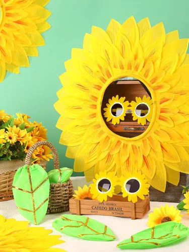 Vista 7 de Mepase Juego de 3 divertidos accesorios de disfraz de flores amarillas de 23 pulgadas, guantes verdes de girasol para bailes, fiestas, festivales