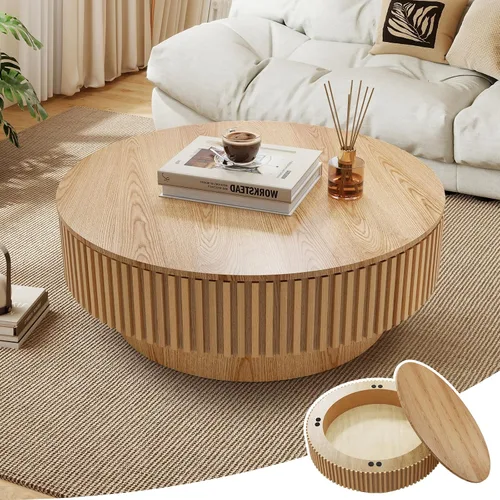 Vista 10 de Mesa de café redonda de 80 cm en madera, mesa de café circular moderna y única, mesa auxiliar contemporánea de roble con forma de tambor y acento