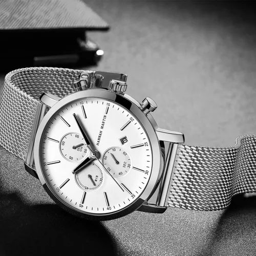 Vista 7 de Relojes para hombre diseño simple cronógrafo multifunción correa de malla de acero inoxidable impermeable vestido de cuarzo con fecha relojes