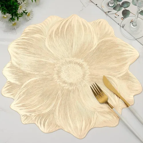 Vista 11 de Juego de 6 manteles individuales redondos dorados, manteles individuales de vinilo prensado floral lavable para mesa de comedor, boda, decoración
