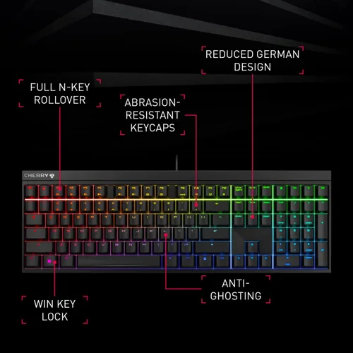 Vista 4 de Cherry MX 2.0S Teclado para juegos con cable con iluminación RGB MX interruptores rojos. Tablero blanco puro