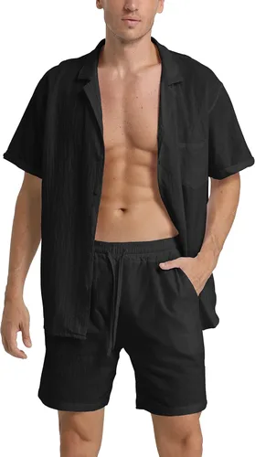 Vista 22 de RPOVIG Conjunto corto de camisa de lino: conjunto casual de 2 piezas con botones para hombre