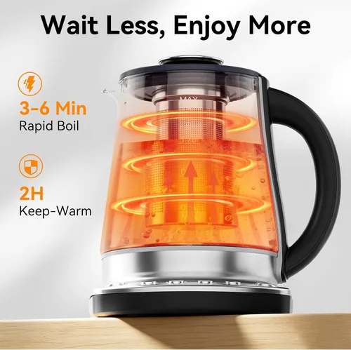 Vista 8 de Hervidor eléctrico con infusor de té, sin BPA, 1200 W, calor rápido, 1.5 L