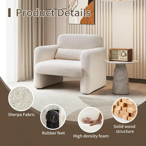 Vista 4 de Sillas de acento de 33.86 pulgadas, silla moderna con brazos de tela sherpa, cómodo sillón tapizado para descanso, sofá individual con almohada