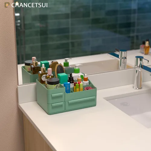 Vista 3 de CHANCETSUI Organizador de maquillaje con cajones, organizador de encimera para cosméticos, soporte de tocador para lápiz labial, pinceles, lociones
