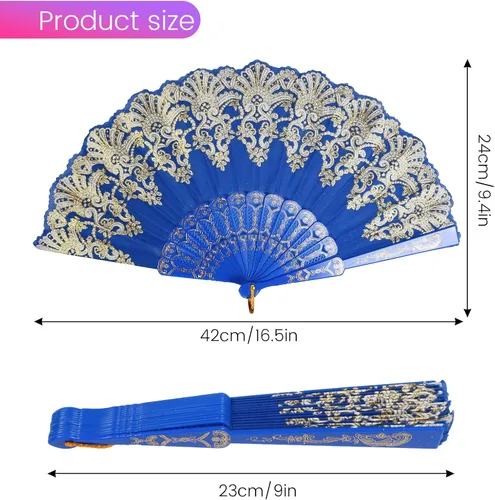 Vista 2 de INNOLIFE Abanico de mano plegable español con patrón retro para mujeres, abanico plegable chino de mano para fiestas, baile, bodas y decoración