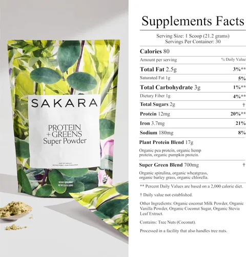 Vista 5 de SAKARA Protein + Greens Super Powder - 30 porciones, mezcla orgánica a base de plantas con cáñamo, calabaza, proteína de guisante, pasto de trigo