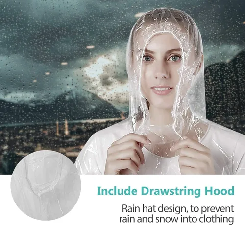 Vista 2 de Ponchos de lluvia desechables para adultos, plástico impermeable y capucha con cordón, transparente
