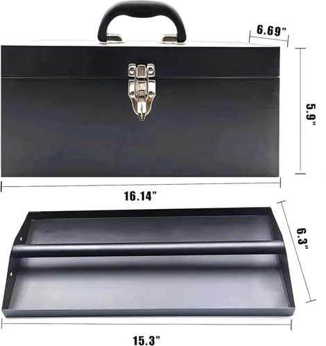 Vista 6 de Caja de herramientas metálica portátil de 16" de gran tamaño, caja de herramientas de 18-galga, caja de aparejos de pesca, organizador de cajones