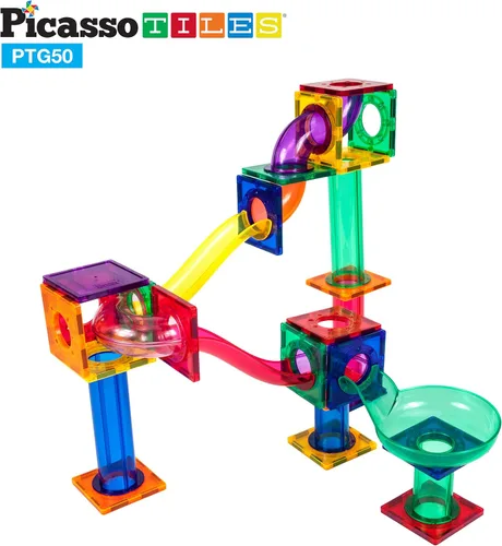 Vista 4 de PicassoTiles 50 piezas de pista de carreras de canicas + 4 bolas translúcidas con luces LED que brillan en la oscuridad: juego educativo STEAM