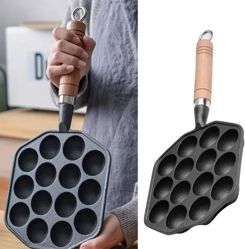 Vista 2 de HERCHR Takoyaki - Plato para parrilla, 14 agujeros, sartén Takoyaki, antiadherente, de hierro fundido, para hacer moldes con mango desmontable
