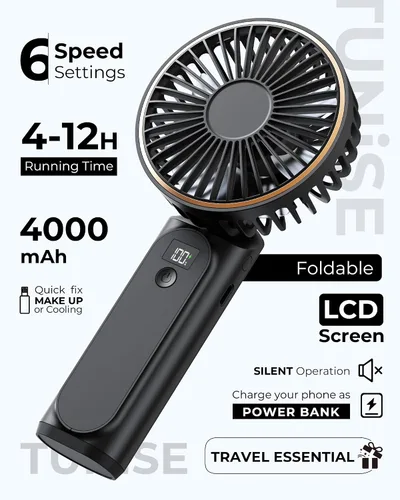 Vista 2 de TUNISE Ventilador de Mano Portátil Recargable, Ventilador Portátil de 4000mAh, Ajustable 180°, 6 Velocidades de Viento, Pantalla de Electricidad