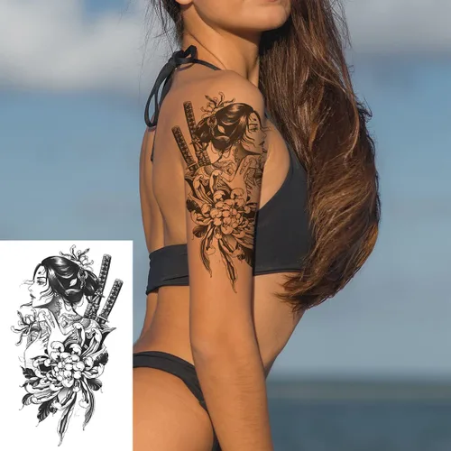 Vista 4 de 6 hojas de brazo falso impermeable cuerpo arte temporal tatuajes pegatinas negro japonés geisha samurai mujeres flor loto