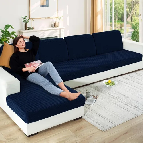 Vista 42 de YEMYHOM Funda de cojín para sofá, funda de cojín de asiento de alta elasticidad, tela jacquard geométrica de felpa, protector de sofá antideslizante