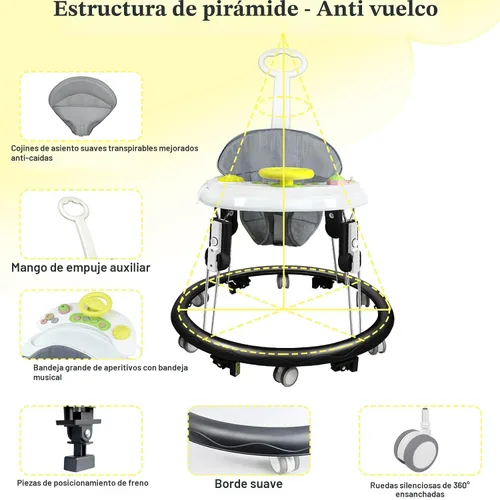 Vista 4 de Andador plegable para bebés con ruedas, caminantes portátiles 5 en 1 para Altura ajustable, bandeja de música, 2 asientos lavables, reposapiés