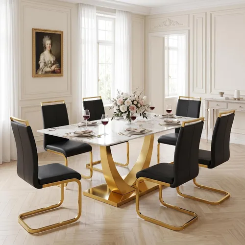 Vista 29 de Juego de mesa de comedor blanca para 6, 71 pulgadas, juego de mesa de comedor de mármol sintético para 6 Modern Dining Table Set for 6, Black PU