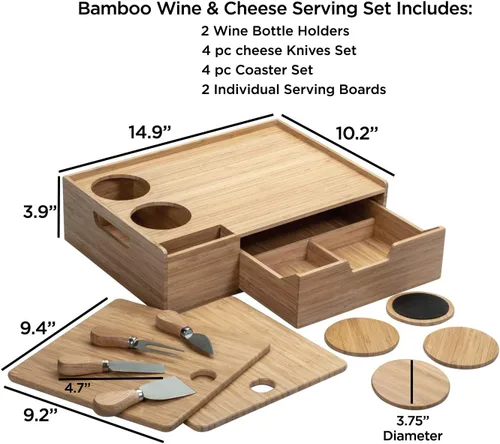 Vista 2 de Mobilevision Bandeja de bambú para servir vino y queso con cajón para almacenamiento adicional, incluye posavasos, cuchillos de queso, tablas