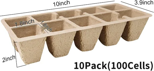 Vista 2 de Bandeja de inicio de semillas 100 celdas, macetas de turba biodegradables para plántulas, paquete de 10 vasos cuadrados de pulpa de 1.8 pulgadas