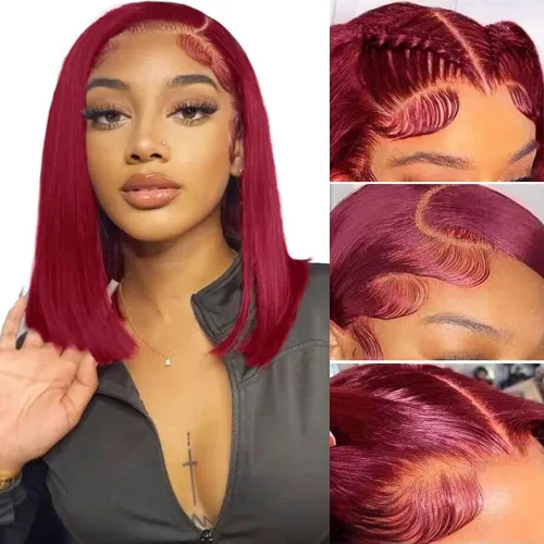 Vista 10 de Peluca de cabello humano lacio marrón con reflejos de 13 x 4, peluca frontal de encaje transparente #4, peluca corta Bob para mujeres negras