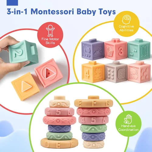 Vista 4 de Conjunto de Juguetes Sensoriales y de Dentición para Bebés, Juguetes Montessori para Bebés de 6-12 Meses, Incluye Sonajero, Mordedor para Recién