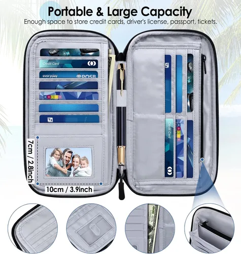 Vista 3 de BKNOOU Soporte para pasaporte familiar, organizador de documentos de viaje con correa cruzada para muñeca, cartera impermeable para pasaporte