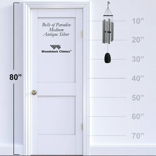 Vista 5 de Woodstock Chimes Signature Collection, Campanas del Paraíso, Plata Antigua 32", Campanillas de Viento de Diseños Decorativos para Exteriores, Patio