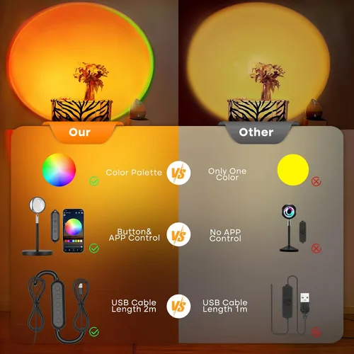 Vista 7 de Lámpara de proyección de puesta de sol con APP y control por botón, luz de proyección multicolor cambiante, lámpara de luz solar para dormitorio