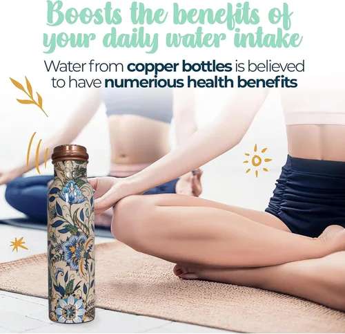 Vista 3 de Botella de agua de cobre de 34 onzas, botella de agua grande de cobre para beber, recipiente multicolor ayurvédico 100% puro para botella de tapa a