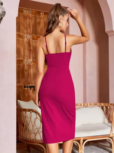 Vista 2 de Laughido Vestido de cóctel para fiesta, sin mangas, con tirantes delgados, cuello en V, fruncido, entallado, con abertura media