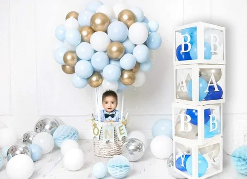 Vista 7 de 82 piezas de decoración de baby shower para niño, juego de caja de globos azul, blanco y gris con letras del alfabeto, decoración de fiesta