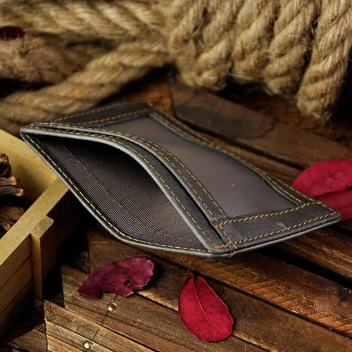 Vista 5 de Le'aokuu, billetera de mano, delgada, con tarjetero y clip magnético para el dinero, de cuero auténtico, M, Gris 2