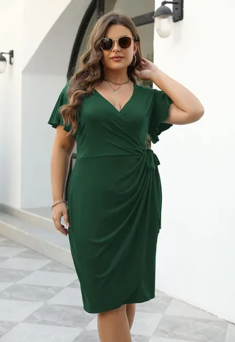 Vista 3 de Nemidor NEM303 - Vestido cruzado fruncido de talla grande para mujer, plisado, entallado, a media pierna, casual, vestido de trabajo para fiesta