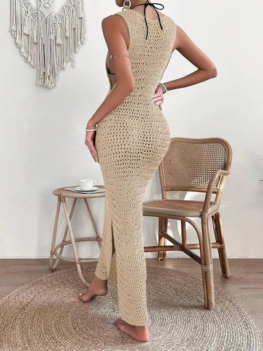 Vista 2 de MakeMeChic Vestido de ganchillo para mujer, vestido largo de playa sin mangas, con huecos, para cubrir el traje de baño
