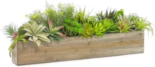 Vista 3 de CYS EXCEL Maceta rectangular de madera con forro de plástico extraíble (H: 4 pulgadas de apertura: 22 x 5 pulgadas), maceta rectangular de madera