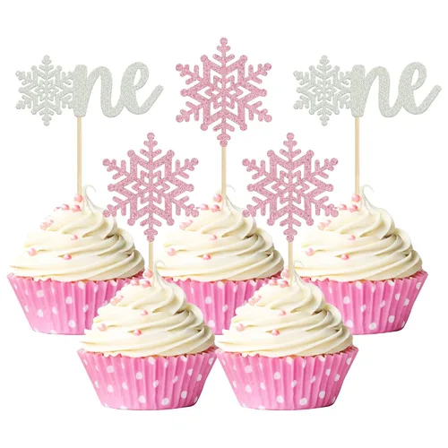 Vista 32 de Gyufise 24 piezas de copos de nieve Oh Baby Cupcake Toppers Glitter Winter Frozen Baby Shower Cupcake Picks para invierno, país de las maravillas
