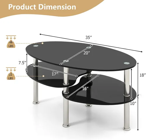 Vista 3 de Giantex Mesa de centro ovalada de vidrio templado transparente de 3 niveles con patas cromadas resistentes, mesa auxiliar de sofá pequeña, mesa