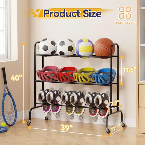 Vista 2 de Basketball Rack, Rolling Sport Equipment Holder Ball Storage Cart for Basketball, Football and Soccer, Suitable for Indoor and Outdoor, Black