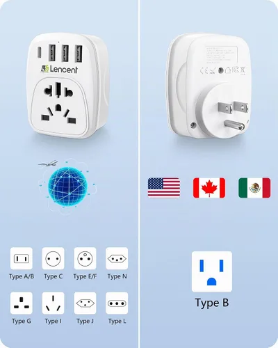 Vista 2 de LENCENT Adaptador de enchufe del mundo a los E.E.U.U. con 3 USB y 1 PD Tipo-c Puertos de carga rápida rápida, tipo B Europa Europa/Reino