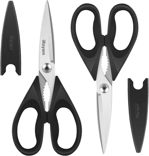 Vista 19 de iBayam Tijeras de cocina multiusos con funda protectora, tijeras de acero inoxidable duraderas, aptas para lavavajillas, mango cómodo de agarre suave
