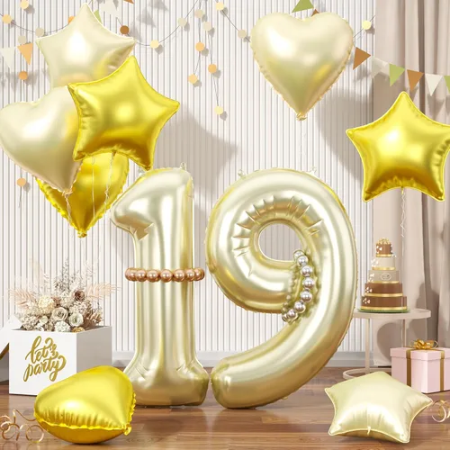 Vista 64 de Globos dorados de color champán con el número 11, globos de oro claro, globo de aluminio dorado con forma de corazón con estrella y globo largo