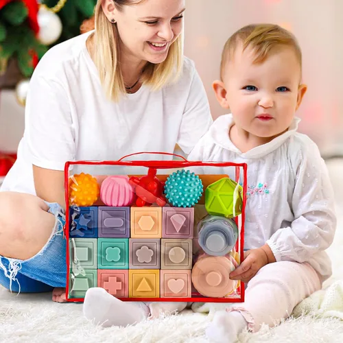 Vista 6 de SpringFlower Juguetes Montessori 3 en 1 para bebés de 0-3-6-12 meses, dentición suave para bebés, bloques de construcción apilables para bebés