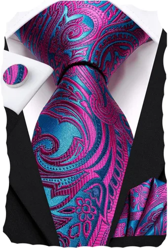 Vista 223 de Hi-Tie Corbatas de seda para hombre, diseño de cachemira a rayas, con bolsillo, gemelos cuadrados, conjunto formal de negocios