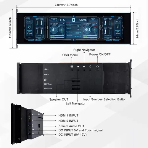 Vista 2 de GeeekPi monitor LCD táctil IPS de 12.6 pulgadas FHD 1920x515, pantalla de visualización, compatible con la carcasa de PC Hyte Y60, CPU, GPU, panel